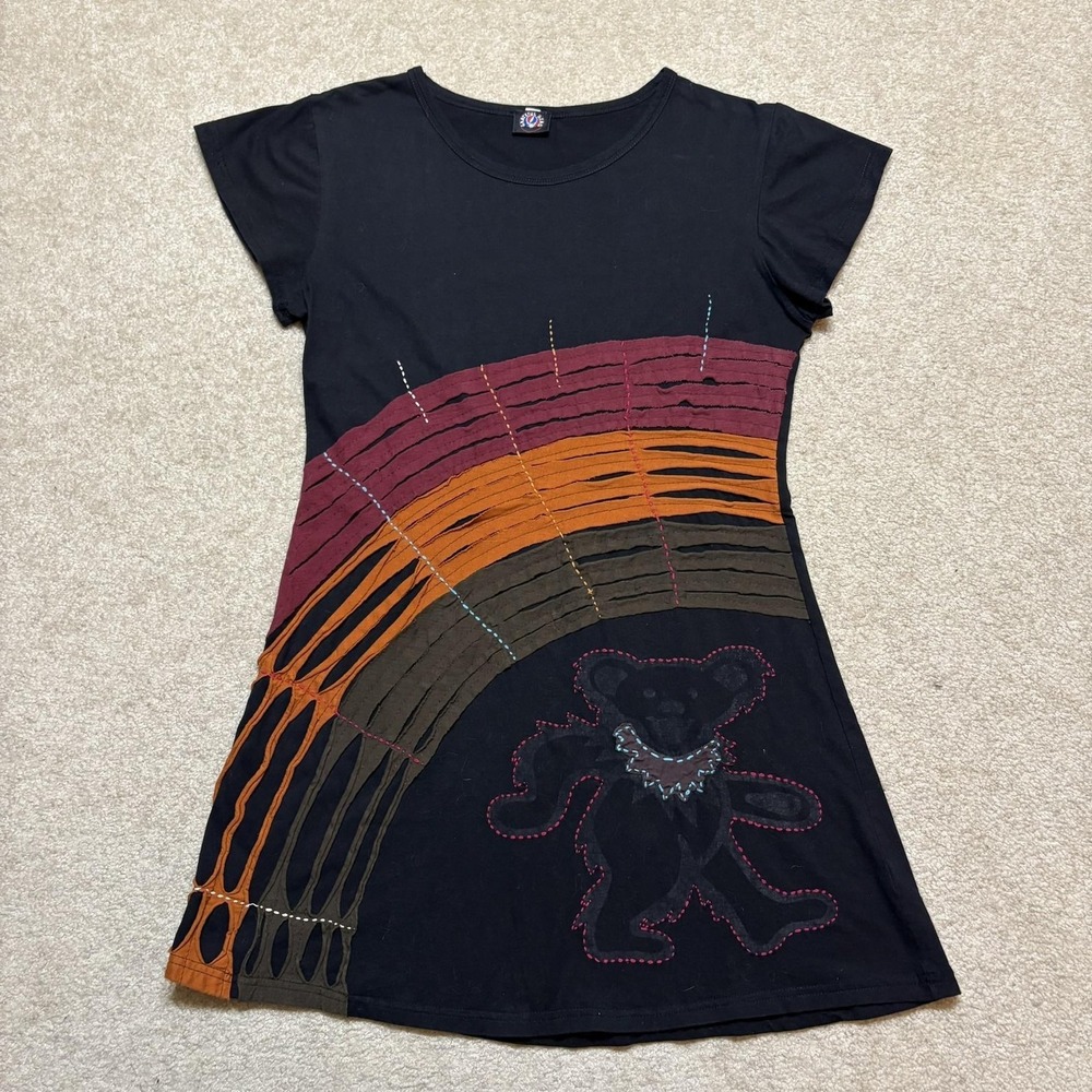 Grateful Dead Shirt Dress Womens Medium Black Bear Rainbow Boho Hippie Festival